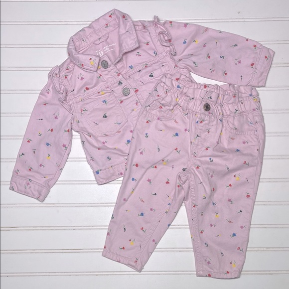 GAP EUC Colorful Floral Ruffle Denim Jacket Paper Bag Waist High Rise Jeans Set